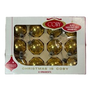 Vintage Coby 2" Gold Glass Balls Christmas Ornaments Box 12 Classic USA